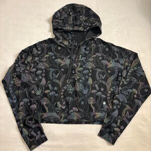 Shroom Beach Women’s Black Cropped Hoodie | Holographic Mushroom | Size Medium